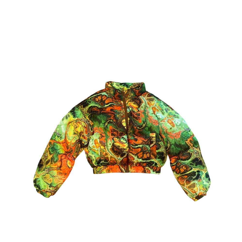 SHEIN Women Green Orange Marble Print Cropped Puffer Jacket Size Small Full Zip